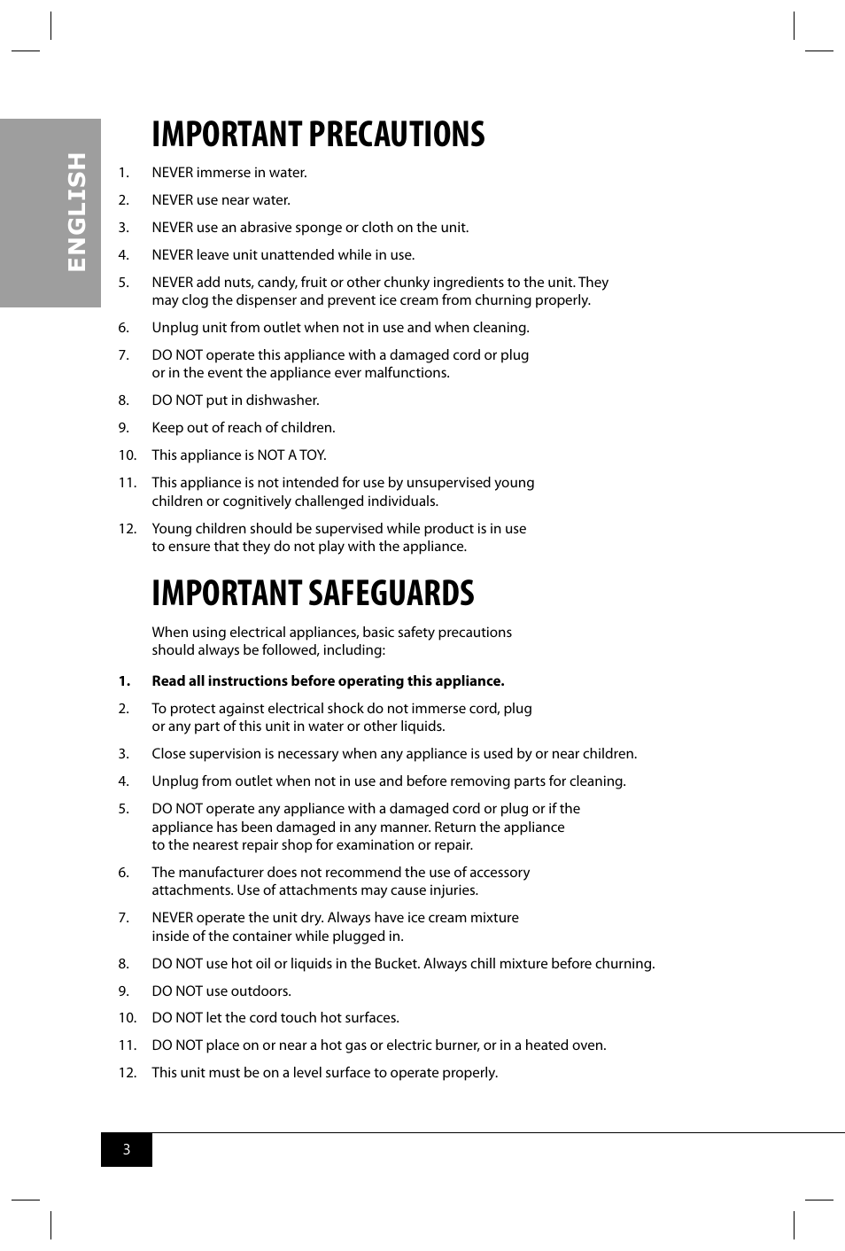 Important precautions, Important safeguards, En g li s h | Nostalgia Electrics ICMP400 SERIES User Manual | Page 5 / 42