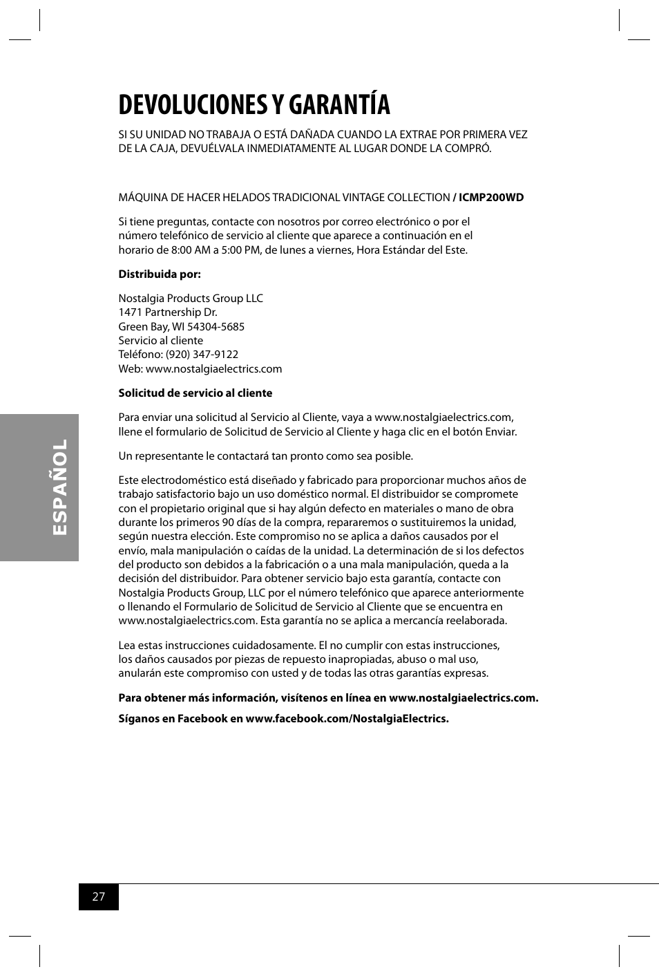 Devoluciones y garantía | Nostalgia Electrics ICMP200 WD User Manual | Page 29 / 42