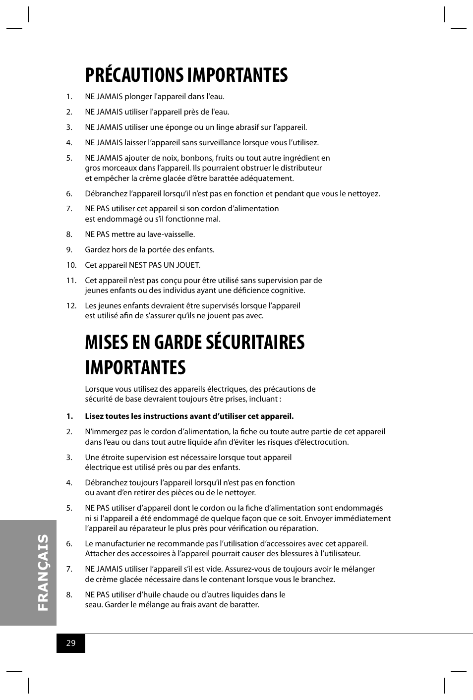 Précautions importantes, Mises en garde sécuritaires importantes | Nostalgia Electrics ICMP200 WD User Manual | Page 31 / 42