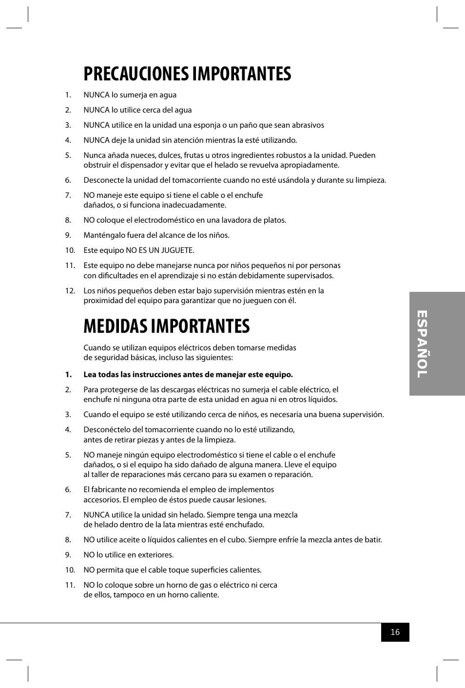 Precauciones importantes, Medidas importantes | Nostalgia Electrics ICMP200 PIST User Manual | Page 18 / 42