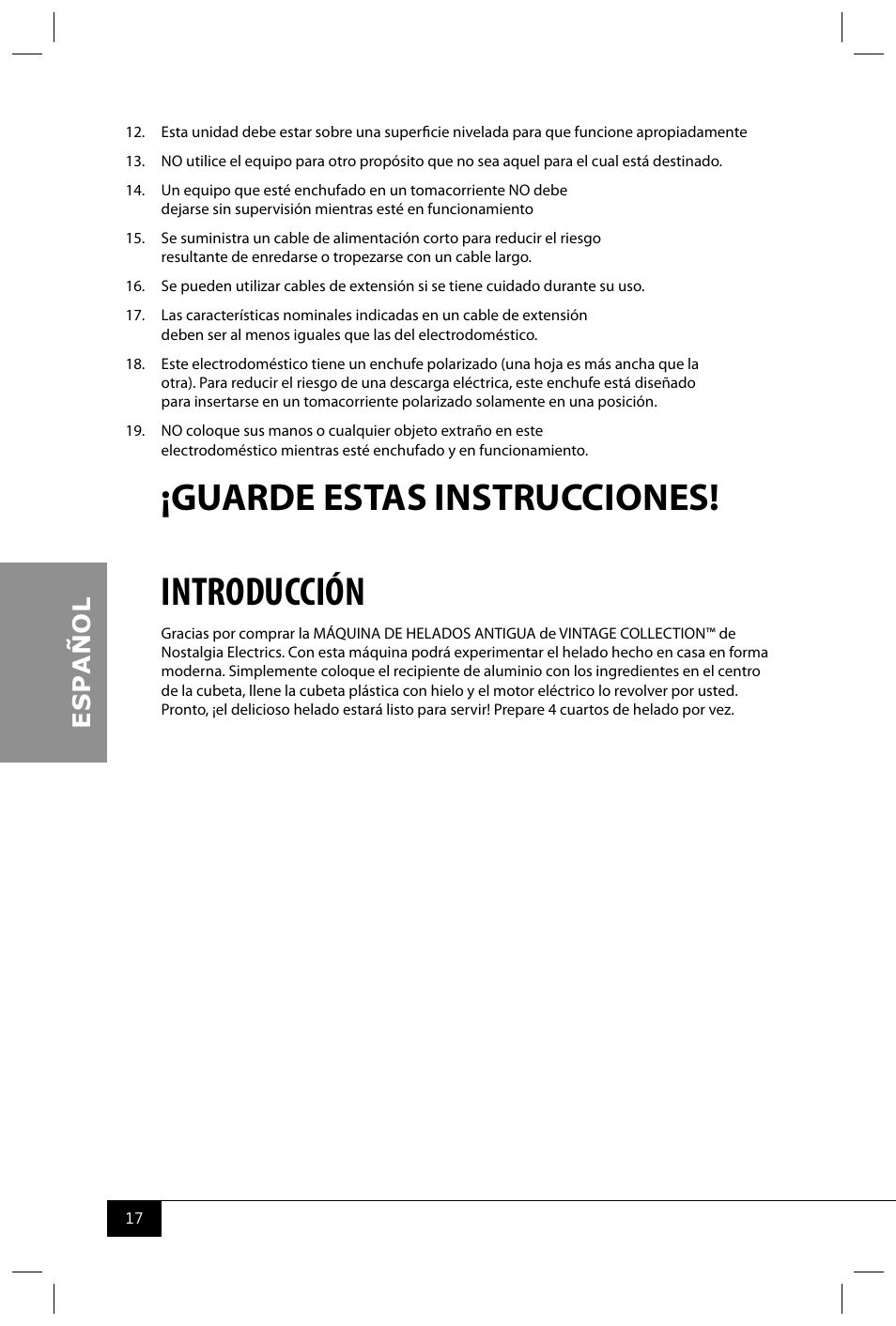 Introducción, Guarde estas instrucciones | Nostalgia Electrics ICMP200 PIST User Manual | Page 19 / 42