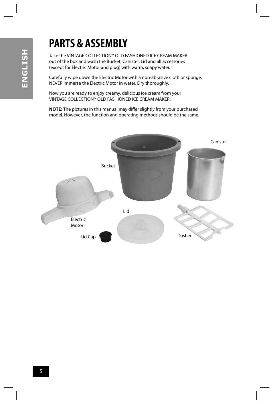 Parts & assembly, En g li s h | Nostalgia Electrics ICMP200 PIST User Manual | Page 7 / 42