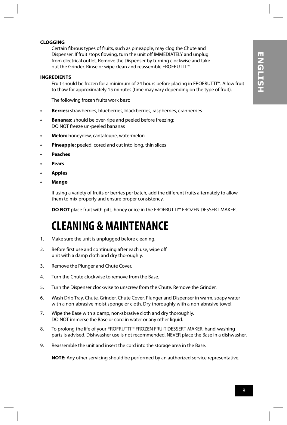 Cleaning & maintenance, En g li s h | Nostalgia Electrics FFT100 User Manual | Page 10 / 42