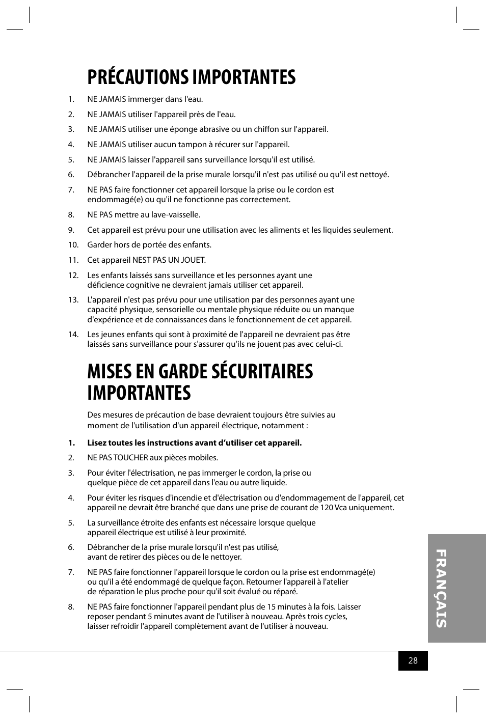 Précautions importantes, Mises en garde sécuritaires importantes | Nostalgia Electrics FFT100 User Manual | Page 30 / 42