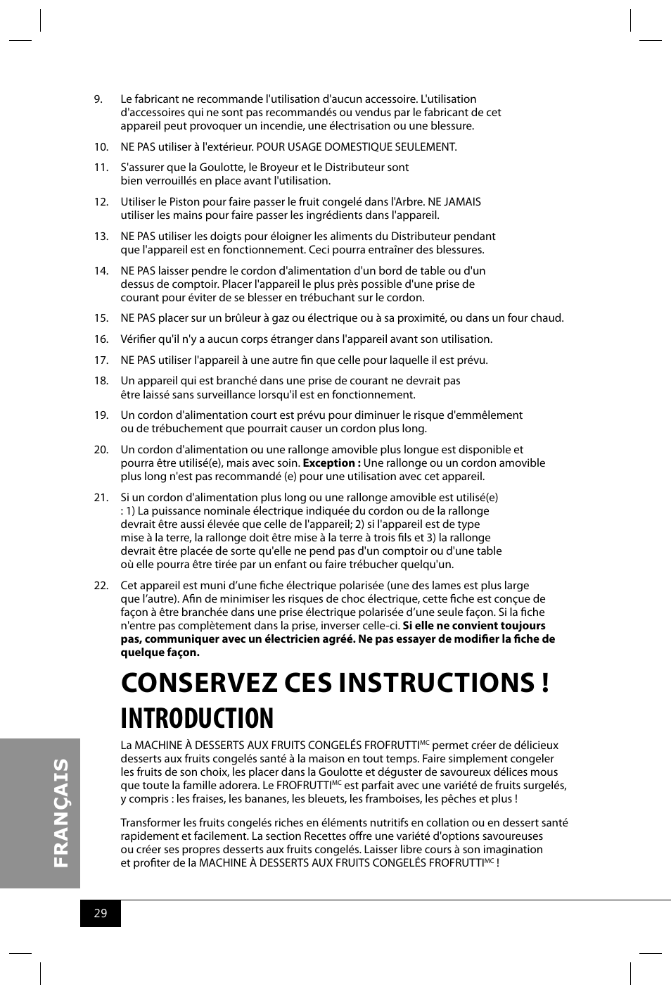 Introduction, Conservez ces instructions | Nostalgia Electrics FFT100 User Manual | Page 31 / 42