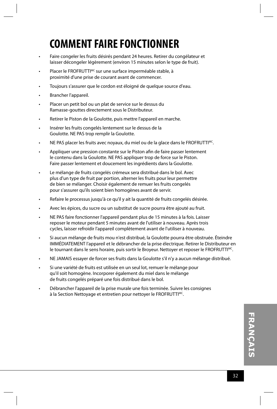 Comment faire fonctionner | Nostalgia Electrics FFT100 User Manual | Page 34 / 42