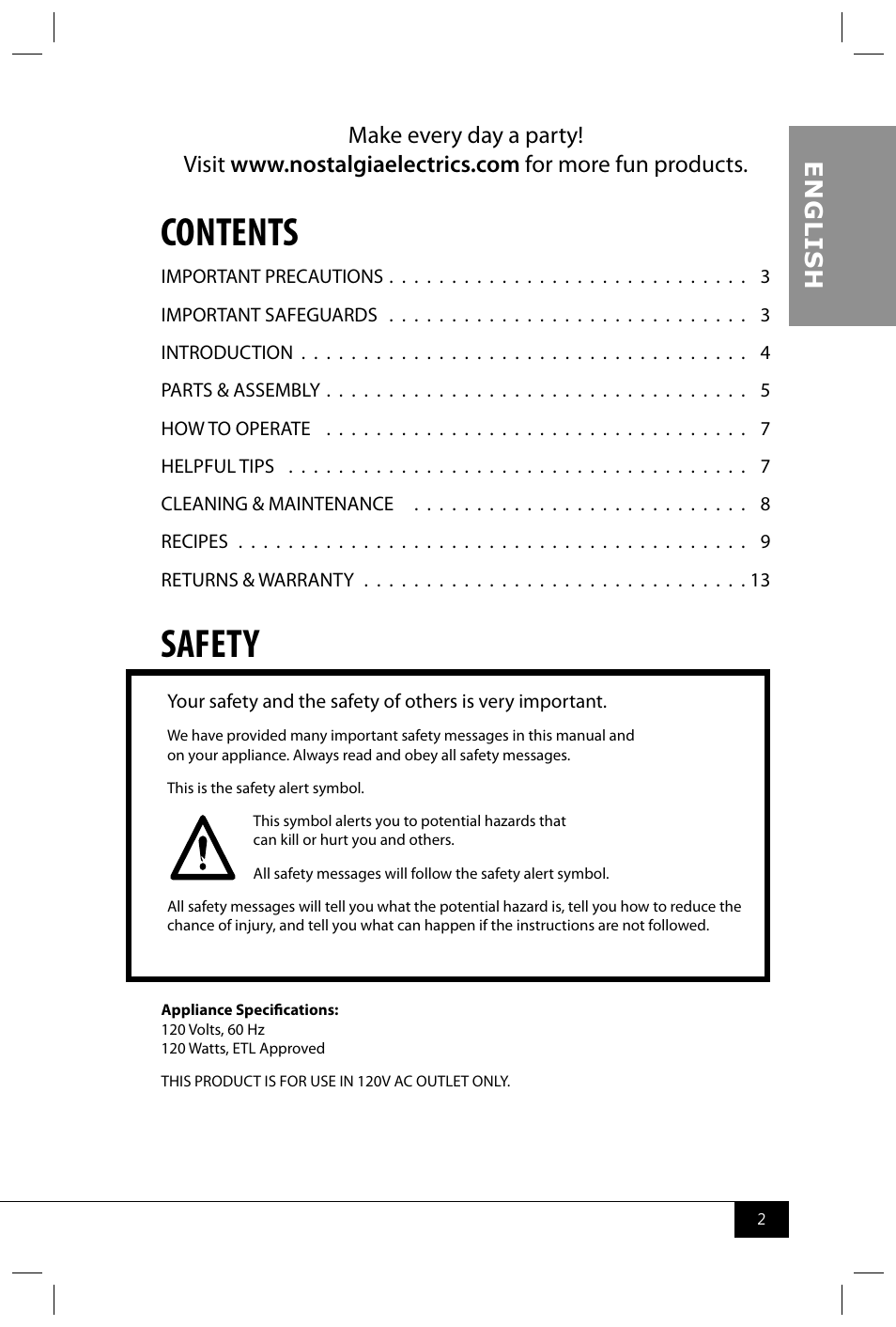 Nostalgia Electrics FFT100 User Manual | Page 4 / 42