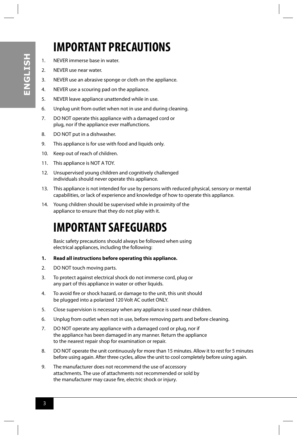 Important precautions, Important safeguards, En g li s h | Nostalgia Electrics FFT100 User Manual | Page 5 / 42