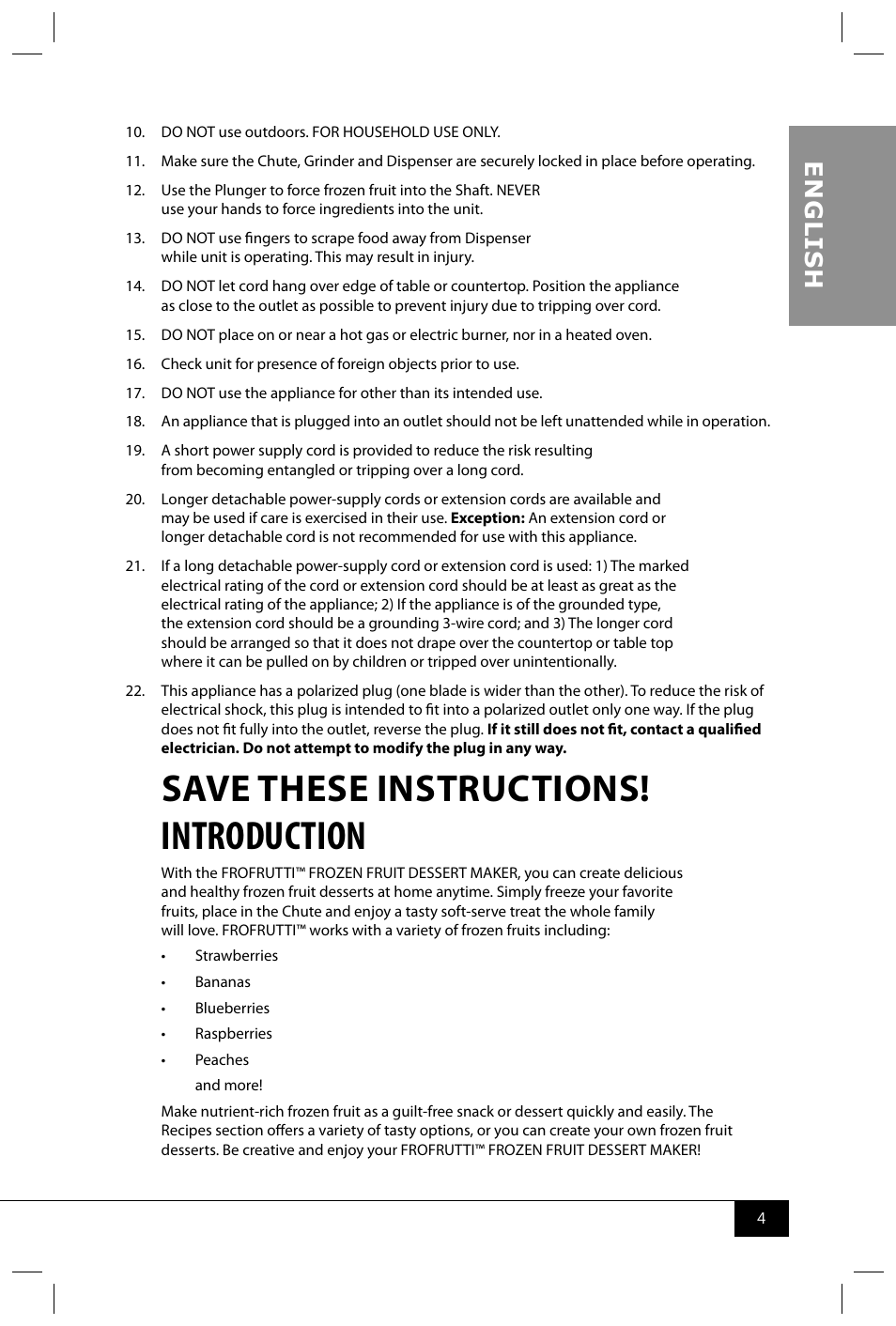 Introduction, Save these instructions, En g li s h | Nostalgia Electrics FFT100 User Manual | Page 6 / 42