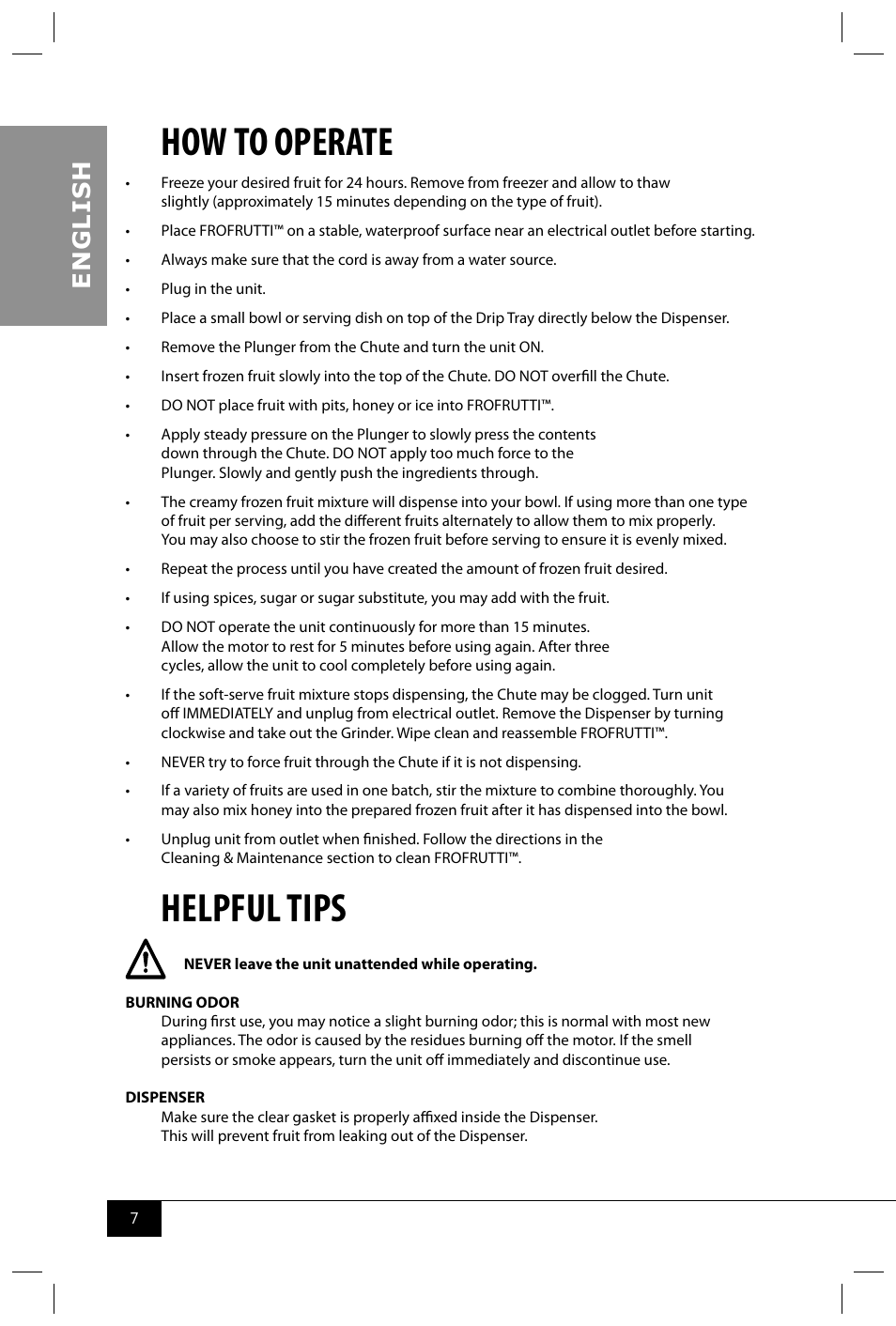 How to operate, Helpful tips, En g li s h | Nostalgia Electrics FFT100 User Manual | Page 9 / 42