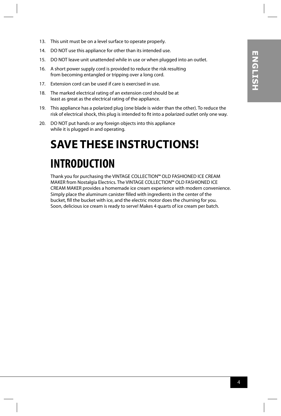 Introduction, Save these instructions, En g li s h | Nostalgia Electrics ICMW400 User Manual | Page 6 / 16