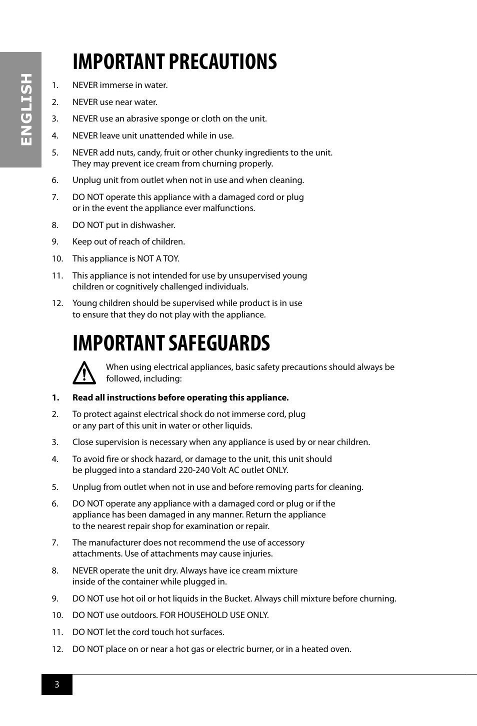 Important precautions, Important safeguards, En g li s h | Nostalgia Electrics ICMP600WD User Manual | Page 5 / 16