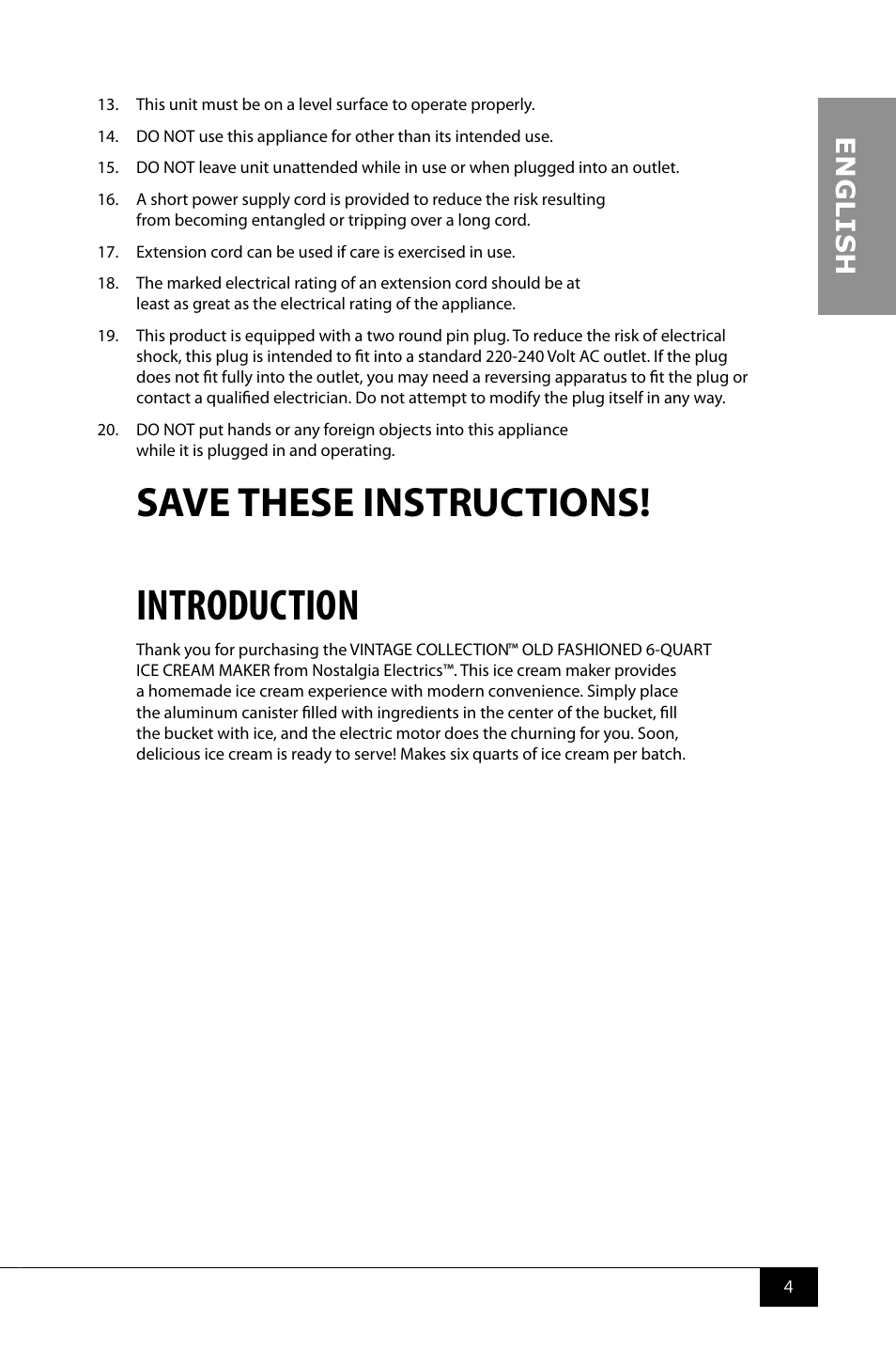 Introduction, Save these instructions, En g li s h | Nostalgia Electrics ICMP600WD User Manual | Page 6 / 16