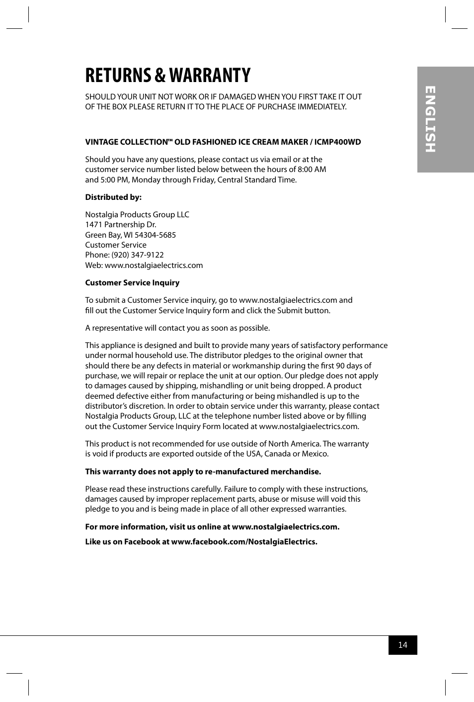 Returns & warranty, En g li s h | Nostalgia Electrics ICMP400WD User Manual | Page 16 / 16