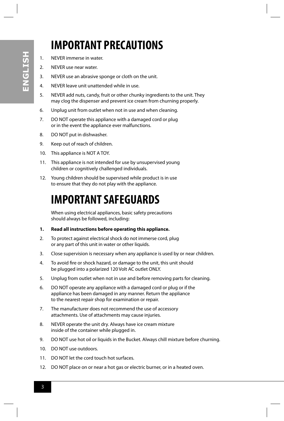 Important precautions, Important safeguards, En g li s h | Nostalgia Electrics ICMP400WD User Manual | Page 5 / 16