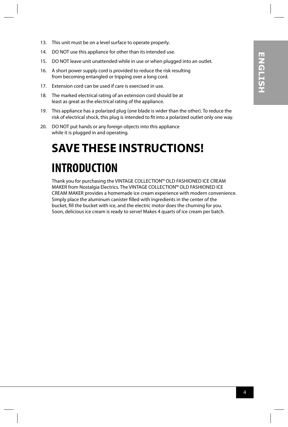 Introduction, Save these instructions, En g li s h | Nostalgia Electrics ICMP400WD User Manual | Page 6 / 16