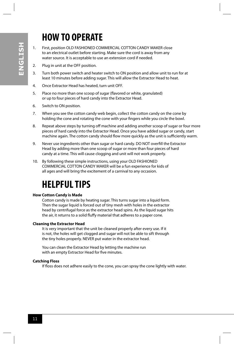 How to operate, Helpful tips, En g li s h | Nostalgia Electrics CCM600 User Manual | Page 13 / 40