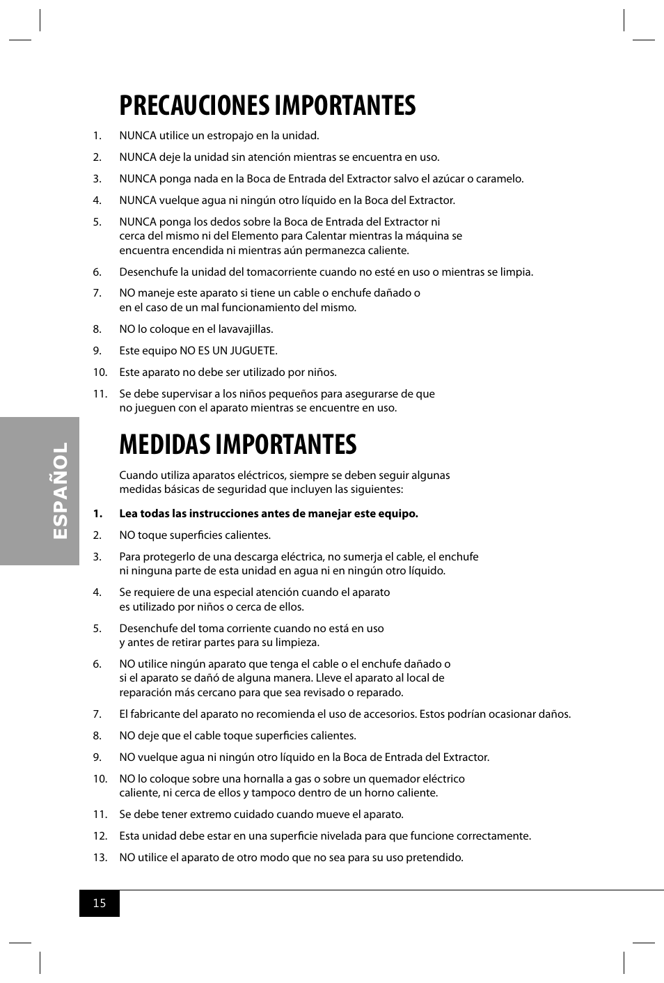 Precauciones importantes, Medidas importantes | Nostalgia Electrics CCM600 User Manual | Page 17 / 40