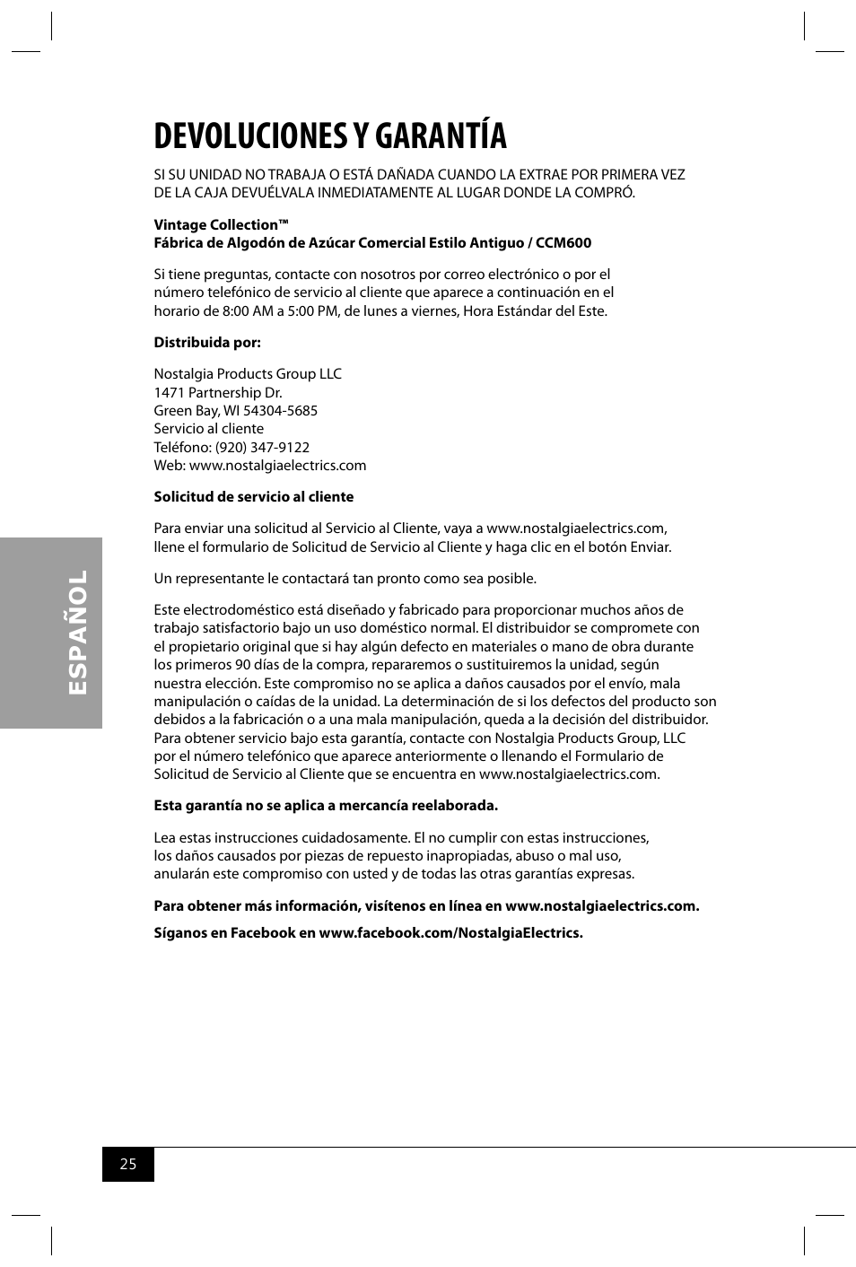 Devoluciones y garantía | Nostalgia Electrics CCM600 User Manual | Page 27 / 40