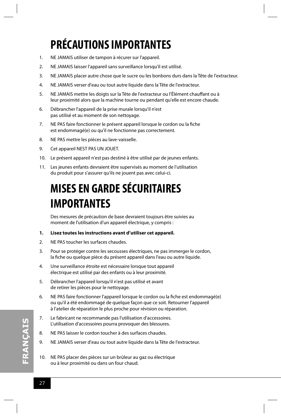 Précautions importantes, Mises en garde sécuritaires importantes | Nostalgia Electrics CCM600 User Manual | Page 29 / 40