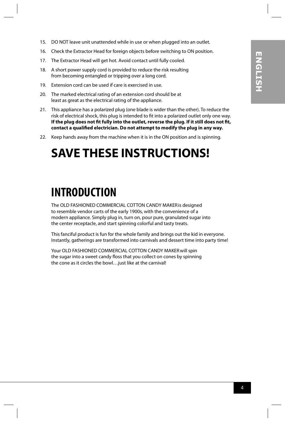 Save these instructions! introduction, En g li s h | Nostalgia Electrics CCM600 User Manual | Page 6 / 40