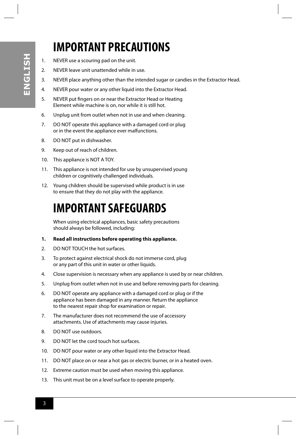 Important precautions, Important safeguards, En g li s h | Nostalgia Electrics PCM305 User Manual | Page 5 / 28