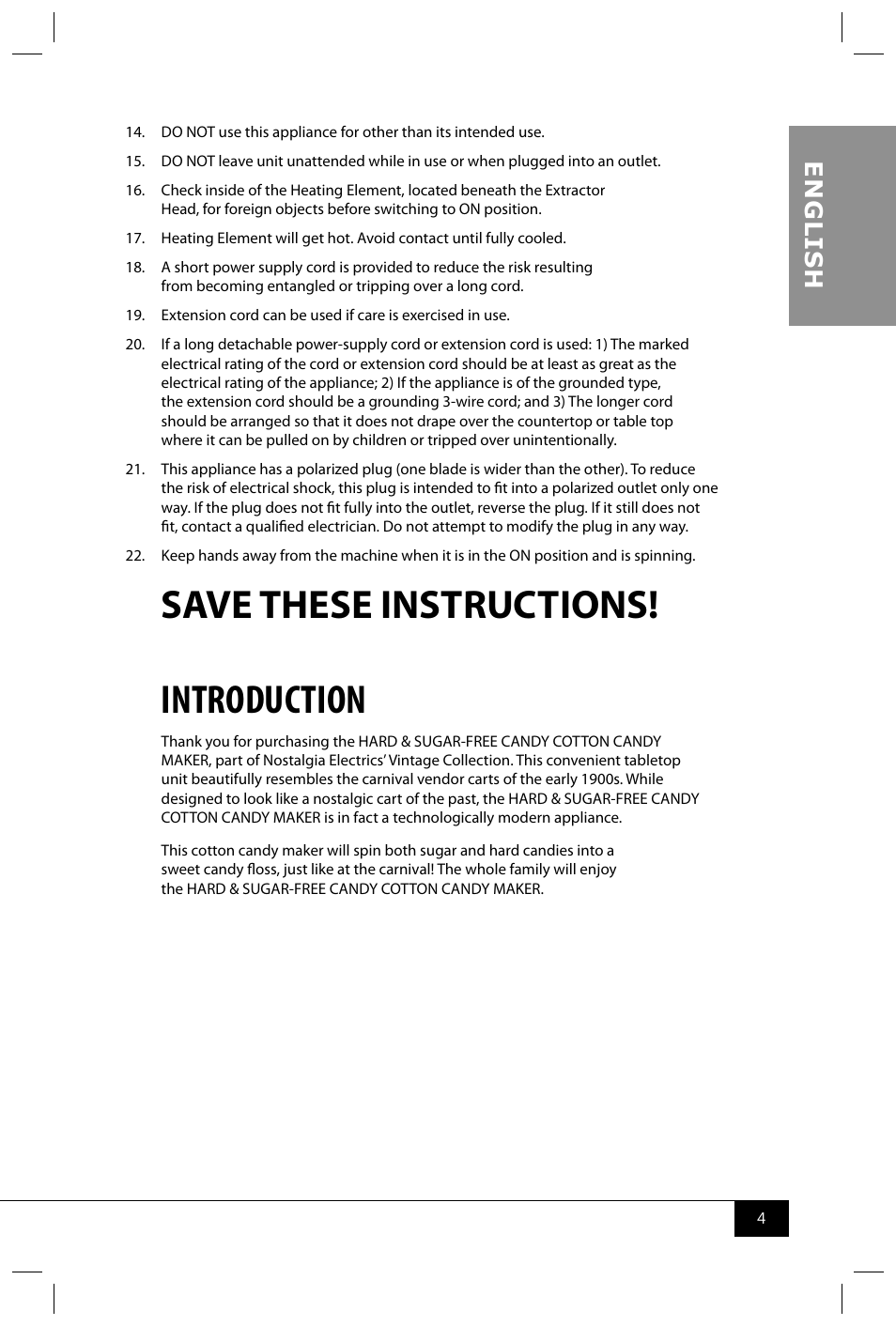 Save these instructions! introduction, En g li s h | Nostalgia Electrics PCM305 User Manual | Page 6 / 28