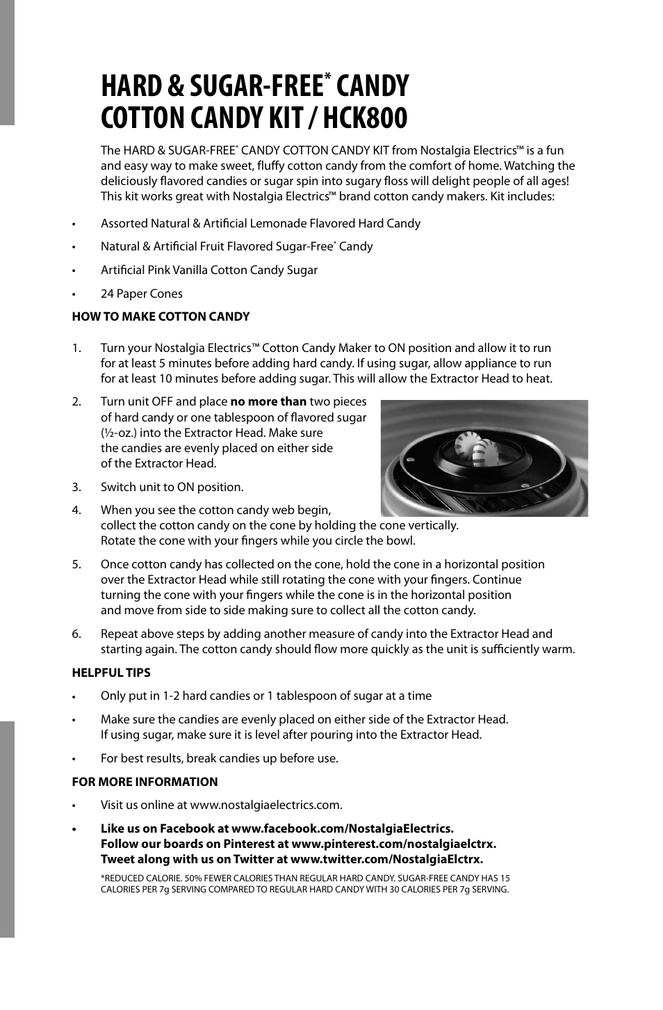 Hard & sugar-free, Candy cotton candy kit / hck800 | Nostalgia Electrics HCK800 User Manual | Page 2 / 2