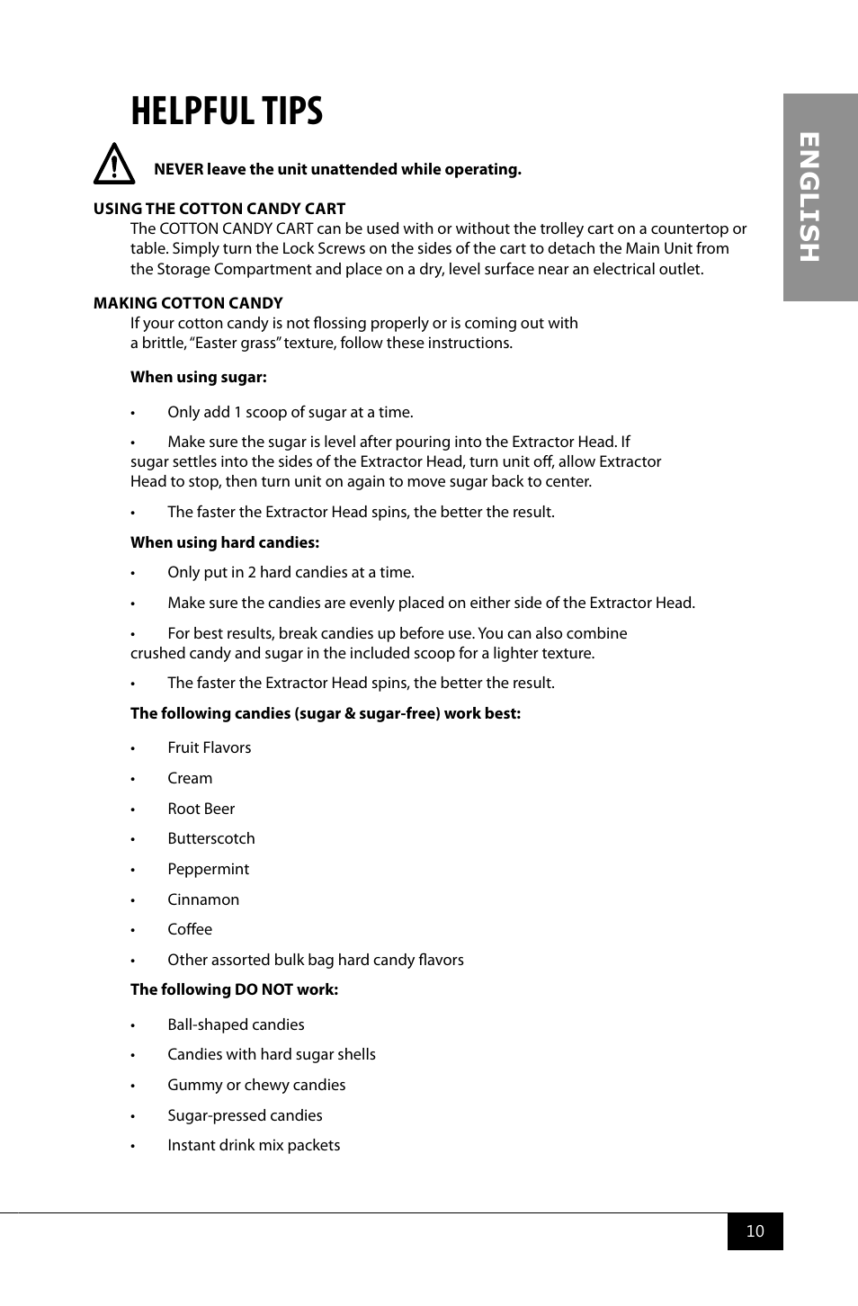 Helpful tips, En g li s h | Nostalgia Electrics CCM510 User Manual | Page 12 / 36