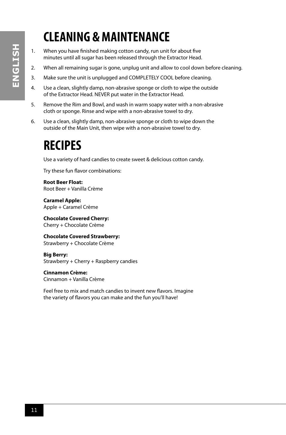 Cleaning & maintenance, Recipes, En g li s h | Nostalgia Electrics CCM510 User Manual | Page 13 / 36
