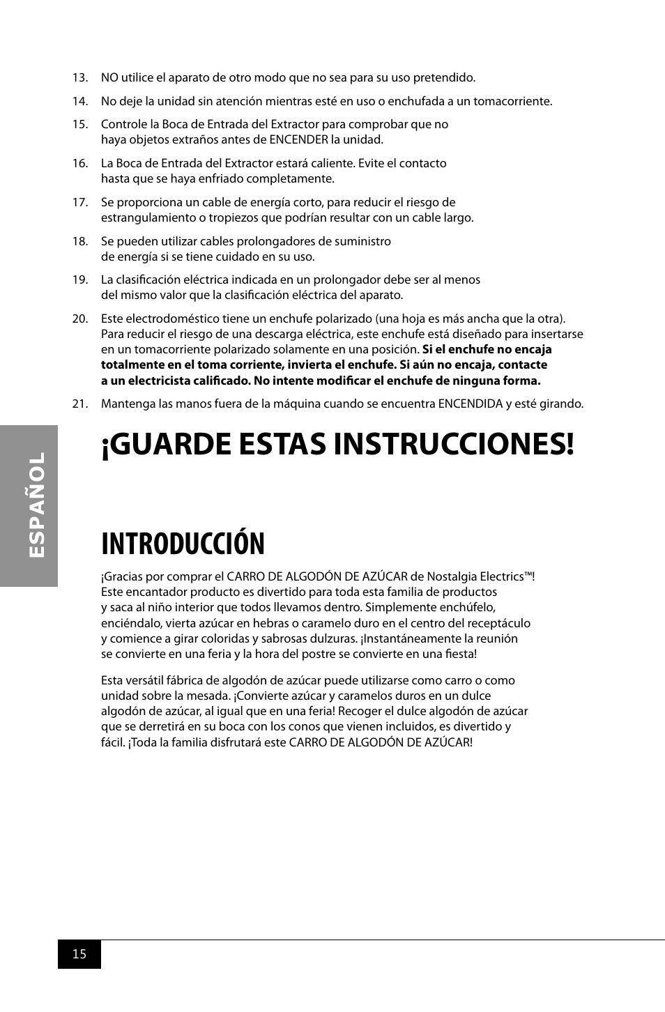 Guarde estas instrucciones! introducción | Nostalgia Electrics CCM510 User Manual | Page 17 / 36