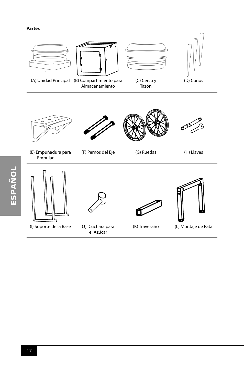 Push handle 1 f, Axle bolt 2 g, Wheel 2 i | Base support 1 j, Bottom plate 1 l, Leg assembly 1 c, Storage compartent 1, Main unit 1 h, Wrench 2 m, Leg assembly bolt 4 | Nostalgia Electrics CCM510 User Manual | Page 19 / 36