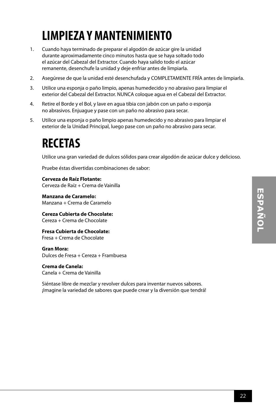 Limpieza y mantenimiento, Recetas | Nostalgia Electrics CCM510 User Manual | Page 24 / 36