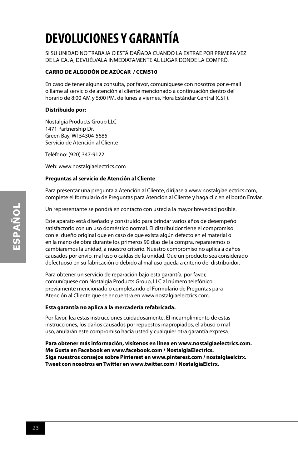 Devoluciones y garantía | Nostalgia Electrics CCM510 User Manual | Page 25 / 36