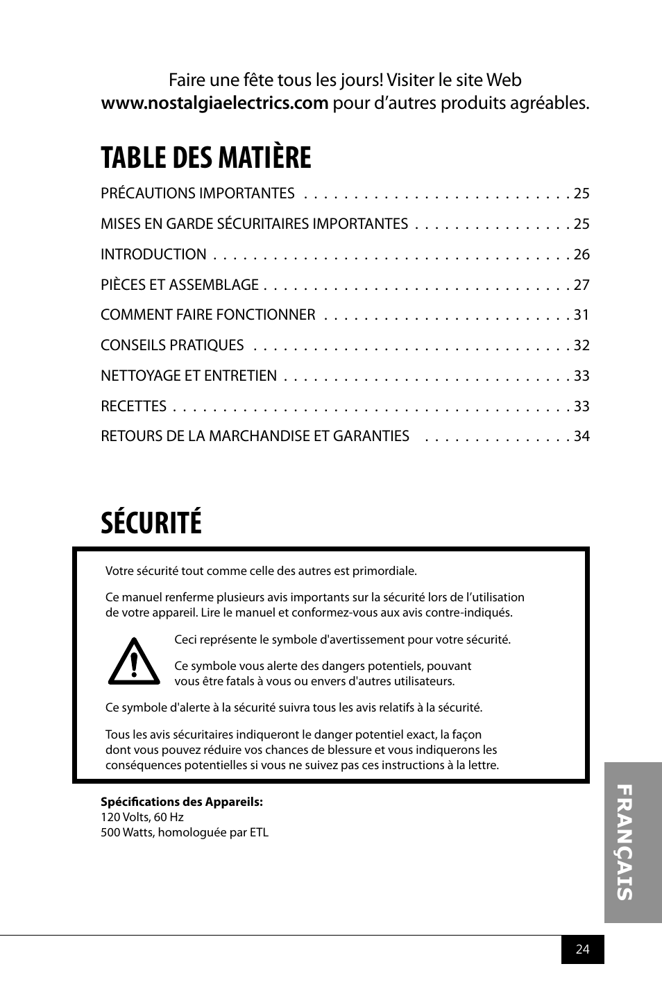 Table des matière, Sécurité | Nostalgia Electrics CCM510 User Manual | Page 26 / 36