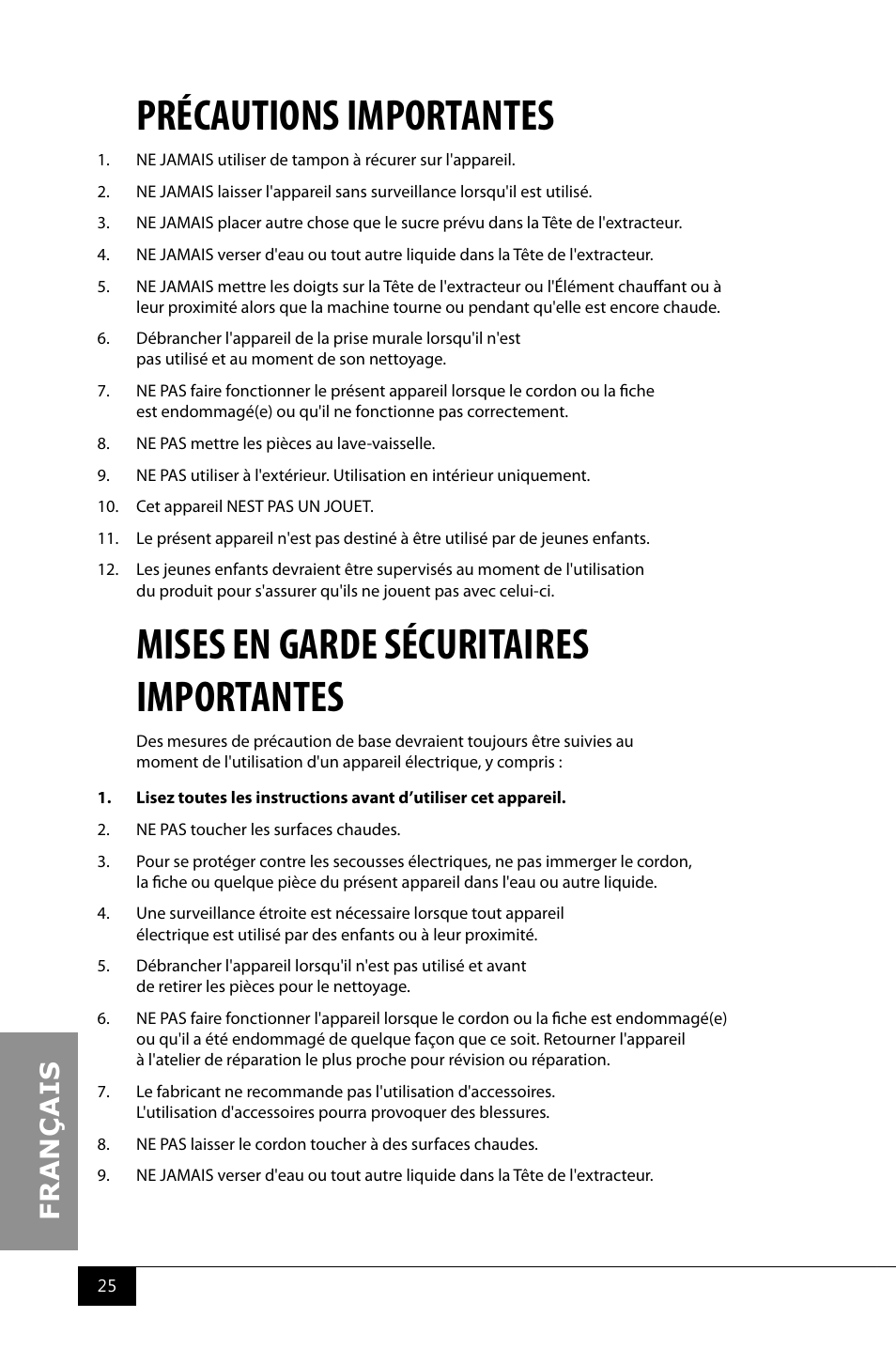 Précautions importantes, Mises en garde sécuritaires importantes | Nostalgia Electrics CCM510 User Manual | Page 27 / 36