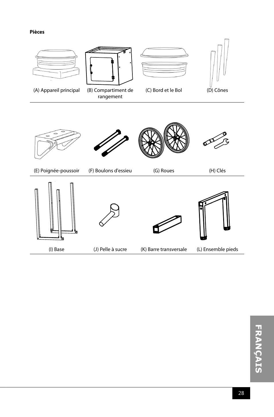 Push handle 1 f, Axle bolt 2 g, Wheel 2 i | Base support 1 j, Bottom plate 1 l, Leg assembly 1 c, Storage compartent 1, Main unit 1 h, Wrench 2 m, Leg assembly bolt 4 | Nostalgia Electrics CCM510 User Manual | Page 30 / 36