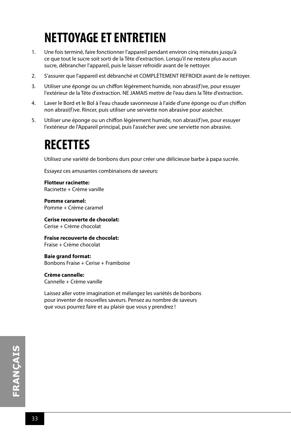 Nettoyage et entretien, Recettes | Nostalgia Electrics CCM510 User Manual | Page 35 / 36
