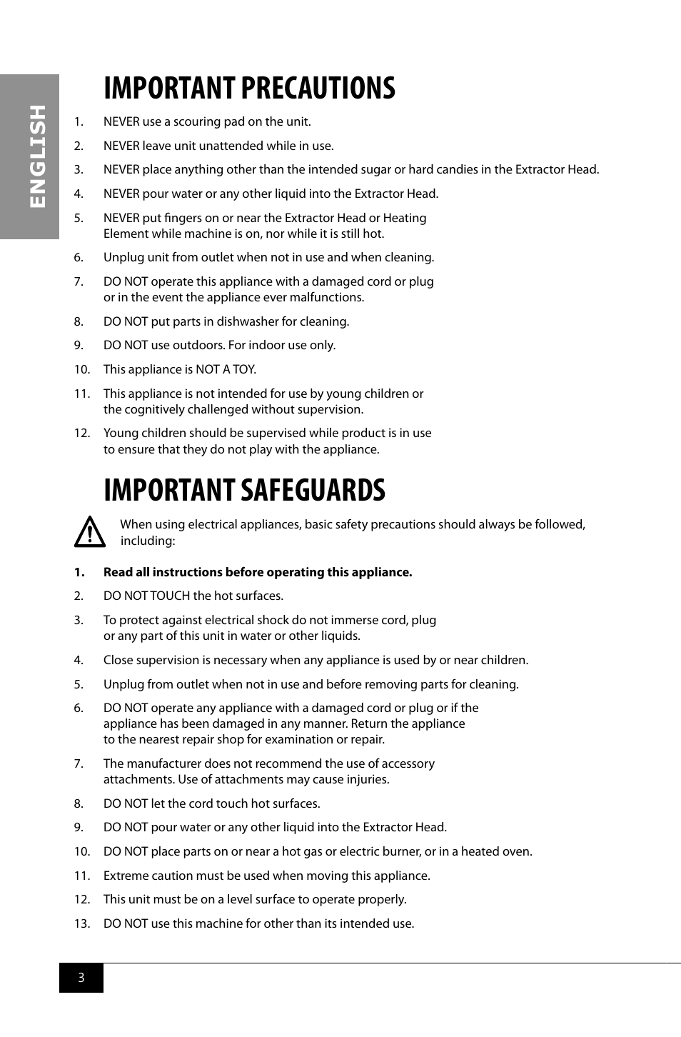 Important precautions, Important safeguards, En g li s h | Nostalgia Electrics CCM510 User Manual | Page 5 / 36
