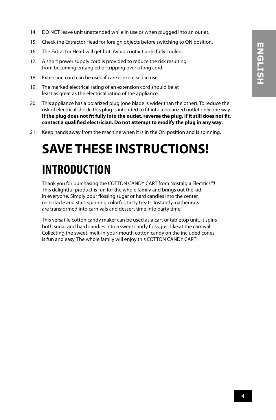 Save these instructions! introduction, En g li s h | Nostalgia Electrics CCM510 User Manual | Page 6 / 36
