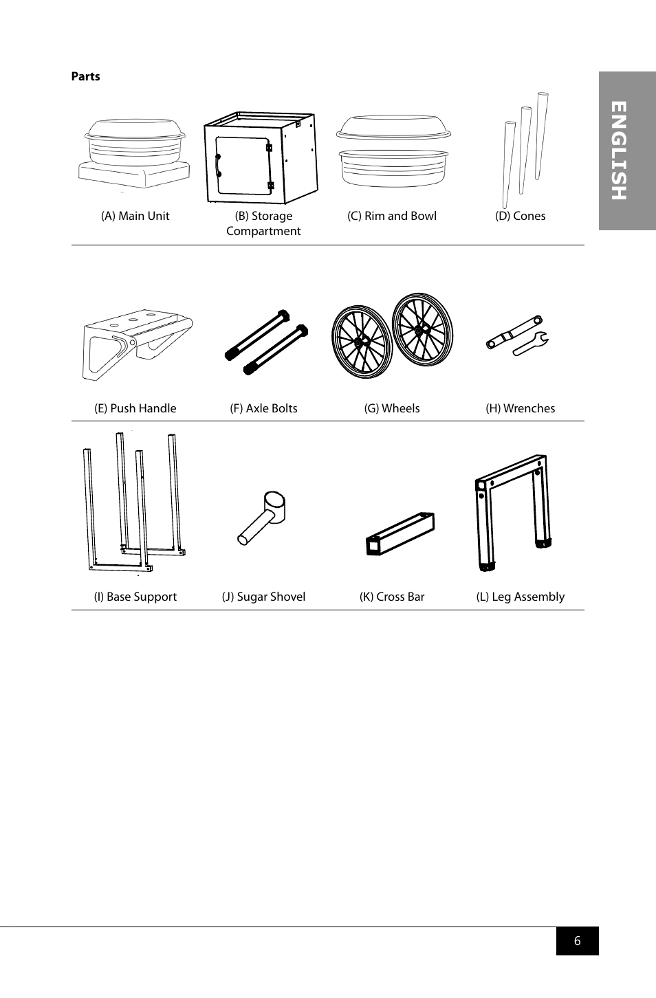 Push handle 1 f, Axle bolt 2 g, Wheel 2 i | Base support 1 j, Bottom plate 1 l, Leg assembly 1 c, Storage compartent 1, Main unit 1 h, Wrench 2 m, Leg assembly bolt 4 | Nostalgia Electrics CCM510 User Manual | Page 8 / 36