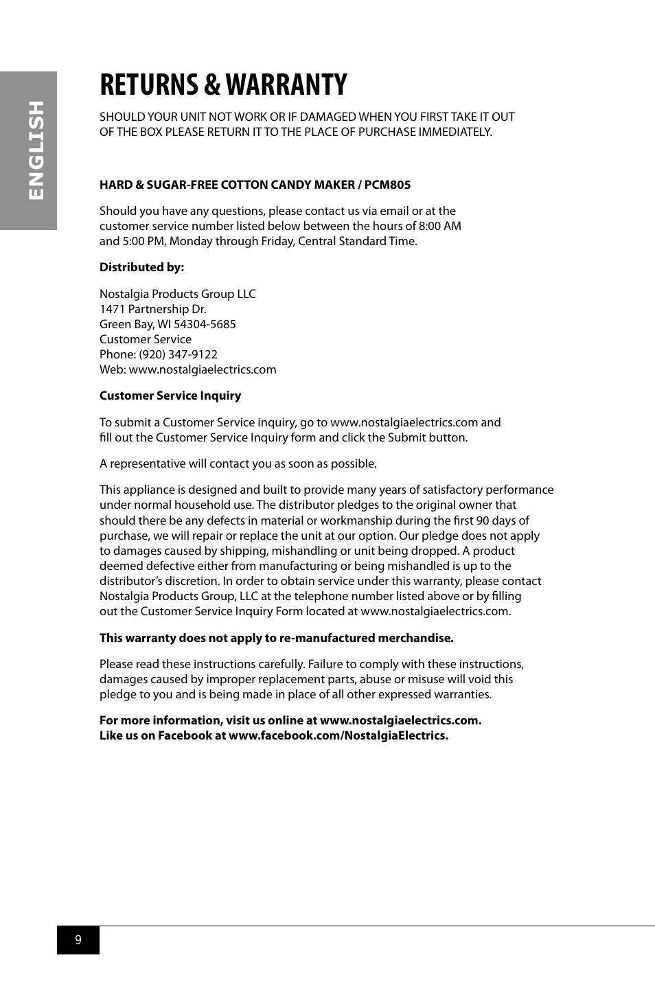 Returns & warranty, En g li s h | Nostalgia Electrics PCM805 User Manual | Page 11 / 28