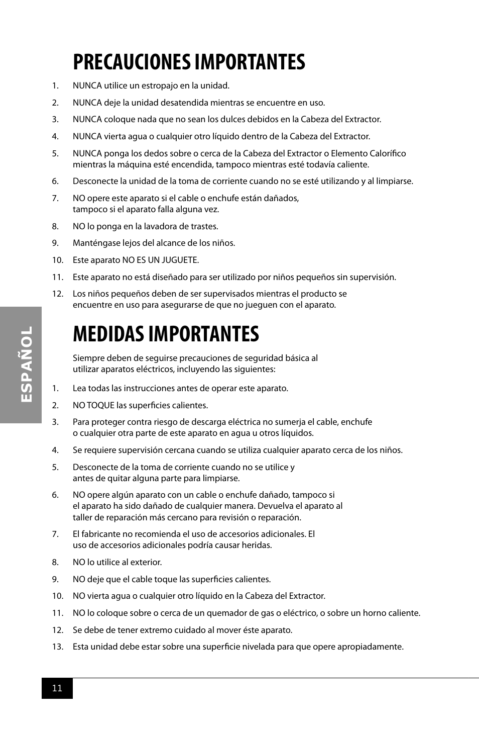 Precauciones importantes, Medidas importantes | Nostalgia Electrics PCM805 User Manual | Page 13 / 28