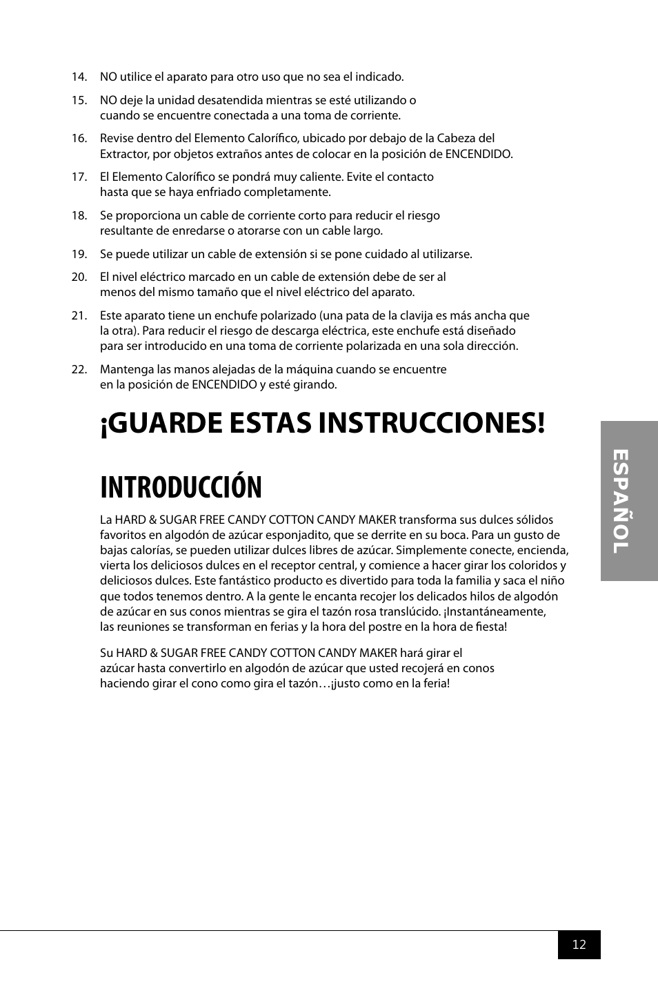 Introducción, Guarde estas instrucciones | Nostalgia Electrics PCM805 User Manual | Page 14 / 28