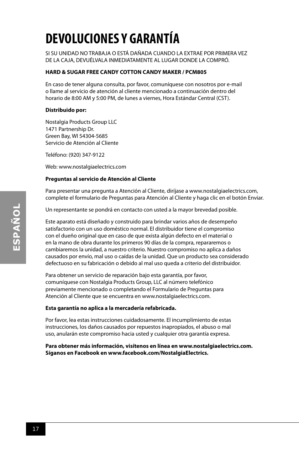 Devoluciones y garantía | Nostalgia Electrics PCM805 User Manual | Page 19 / 28