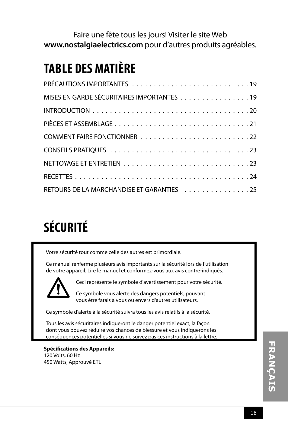 Table des matière, Sécurité | Nostalgia Electrics PCM805 User Manual | Page 20 / 28