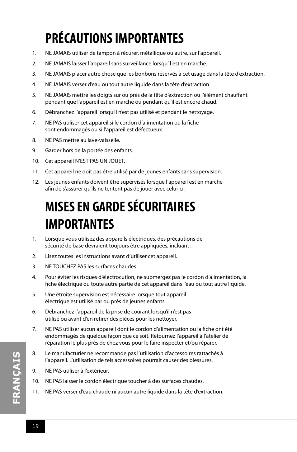 Précautions importantes, Mises en garde sécuritaires importantes | Nostalgia Electrics PCM805 User Manual | Page 21 / 28