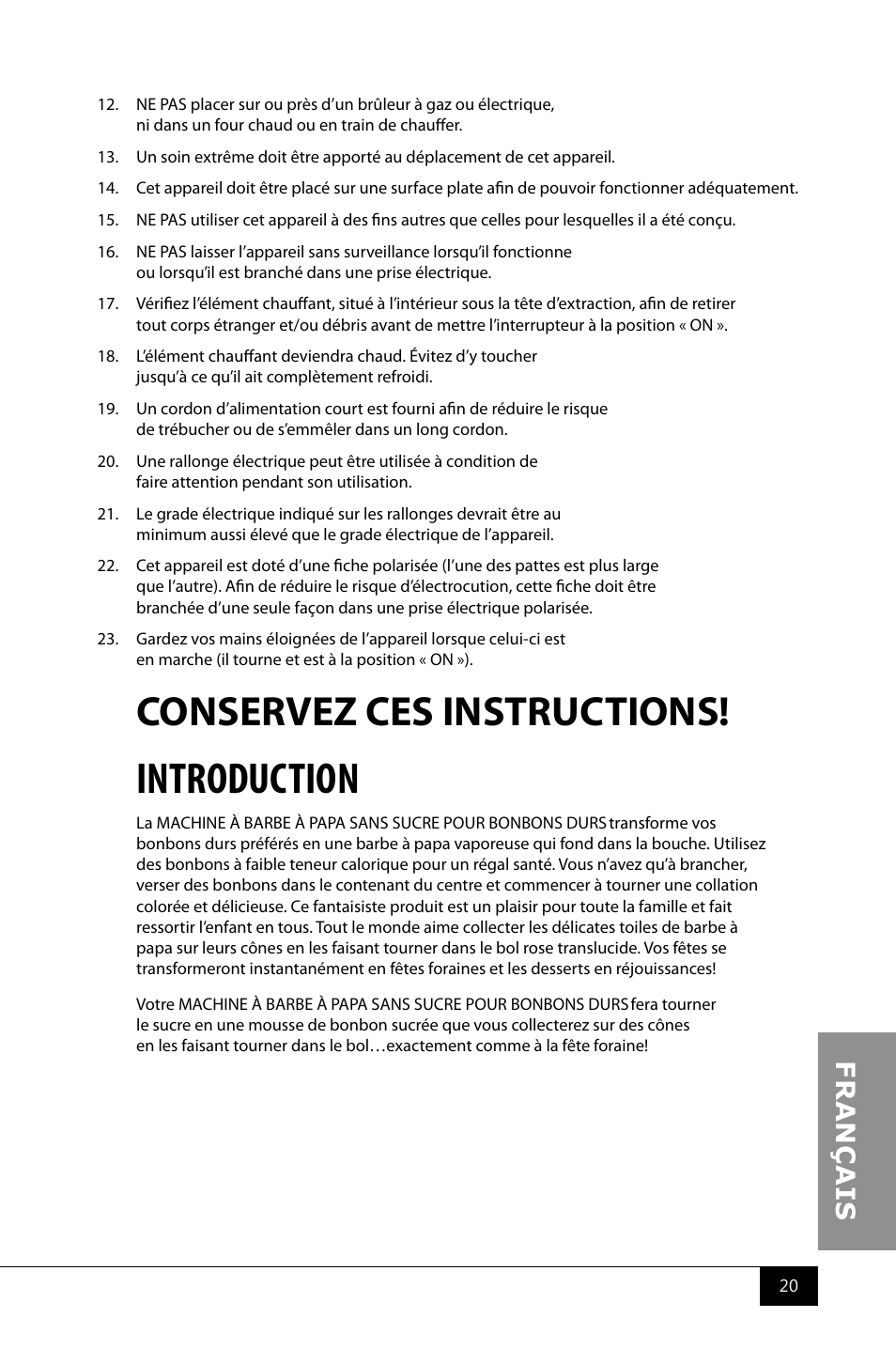 Introduction, Conservez ces instructions | Nostalgia Electrics PCM805 User Manual | Page 22 / 28