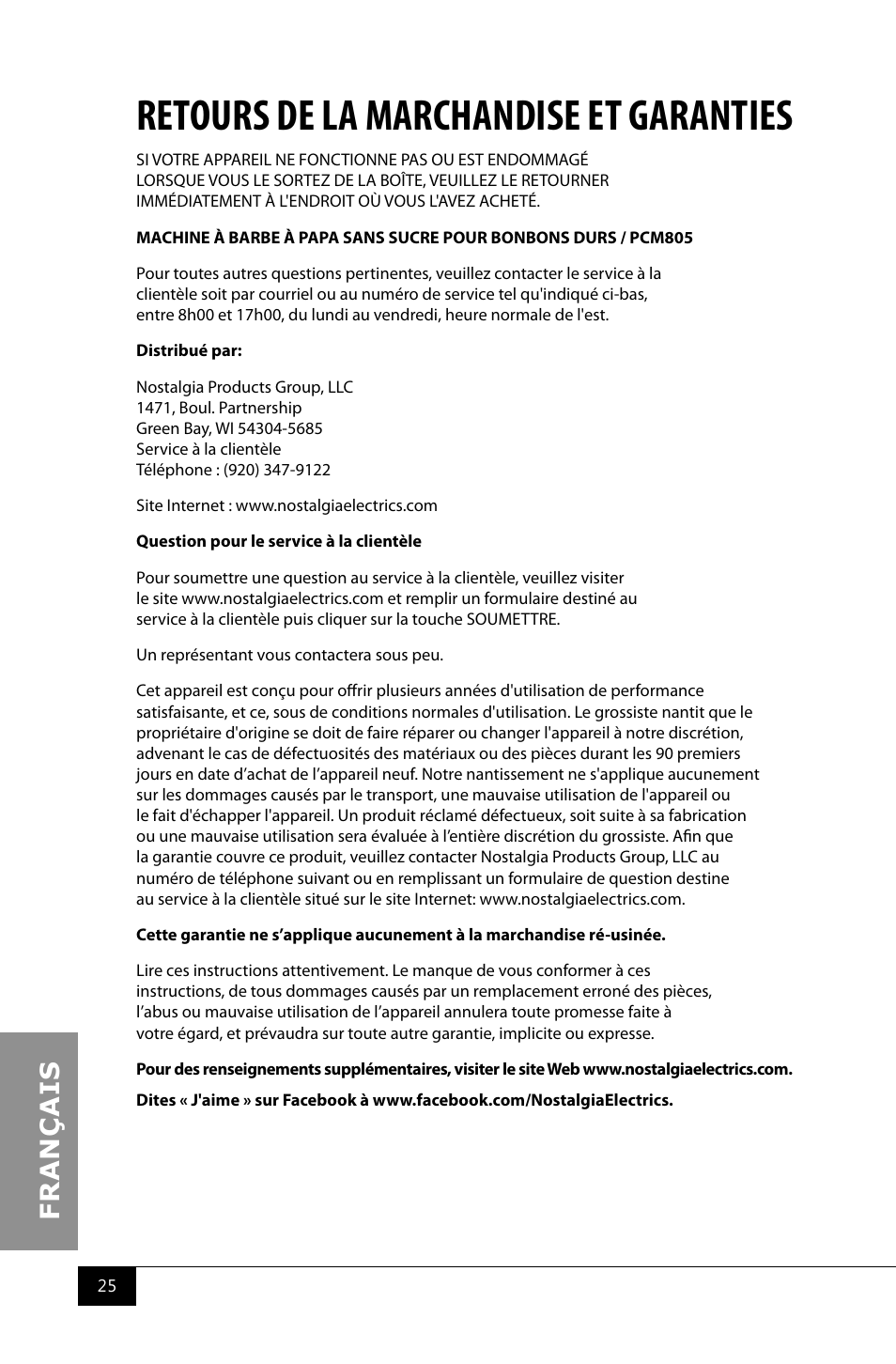 Retours de la marchandise et garanties | Nostalgia Electrics PCM805 User Manual | Page 27 / 28