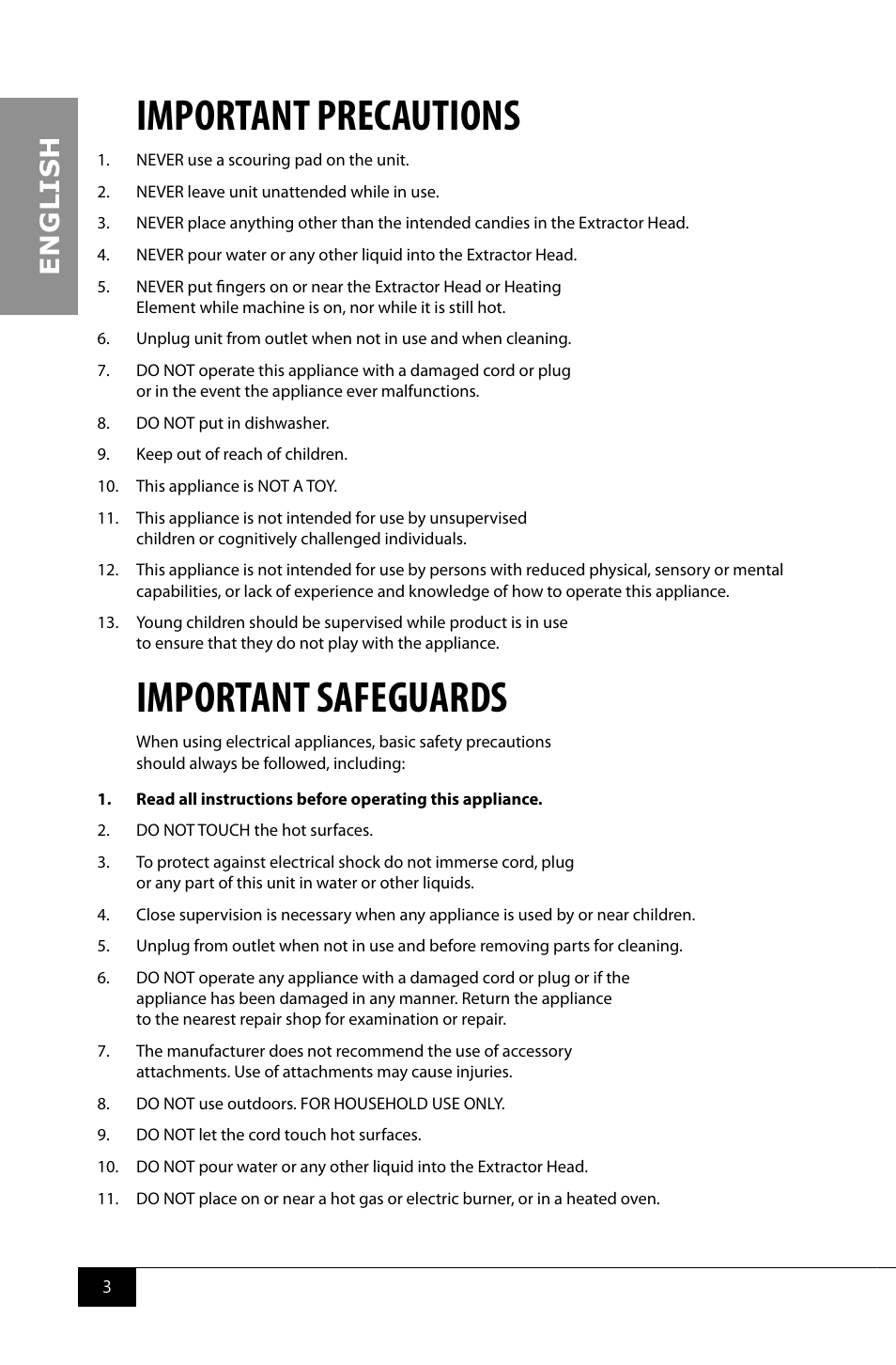 Important precautions, Important safeguards, En g li s h | Nostalgia Electrics PCM805 User Manual | Page 5 / 28